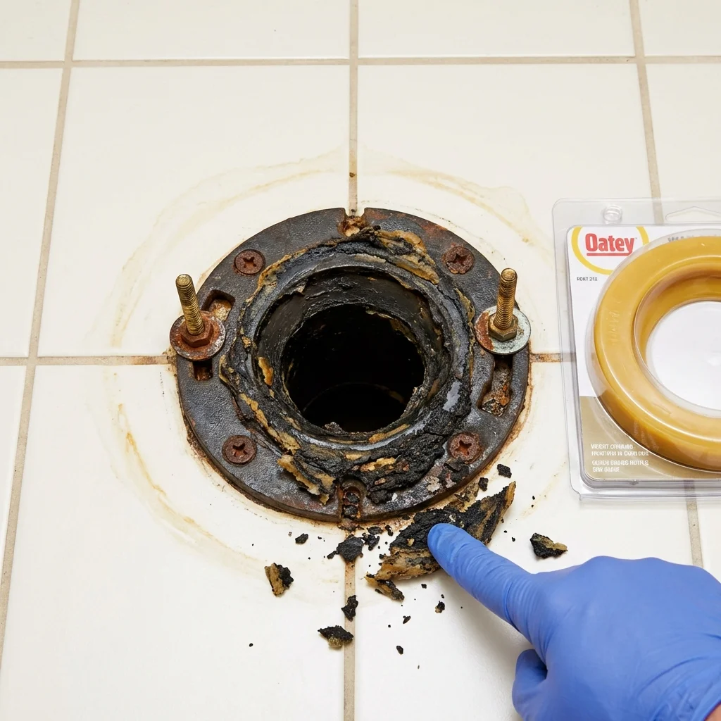 Failed wax ring showing water seepage at the base of a toilet in a Dixon, MO home
