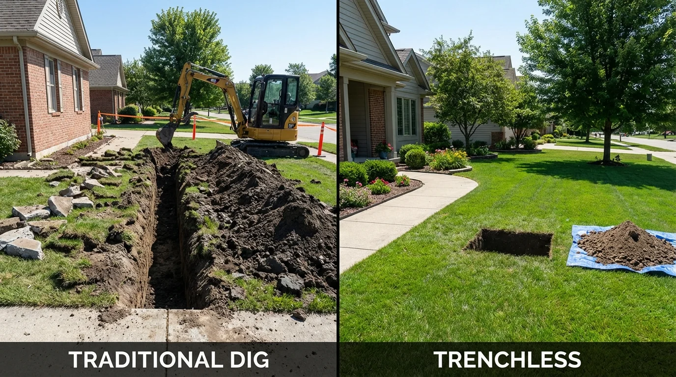 Trenchless sewer repair with minimal yard damage versus traditional excavation in Dixon, MO